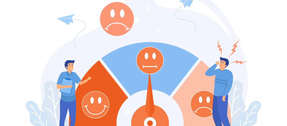Stress level, mood scale. Man solves problems and reduces psychological pressure, Depressed and mental illness, flat vector modern illustration